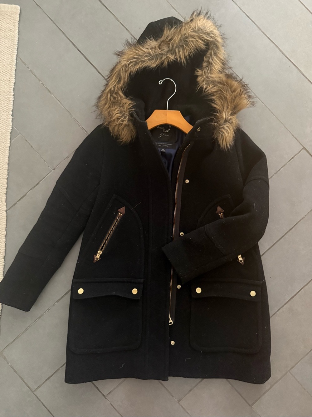 J crew Black Hooded Italian Wool Parka Coat with Faux Fur Trim OP